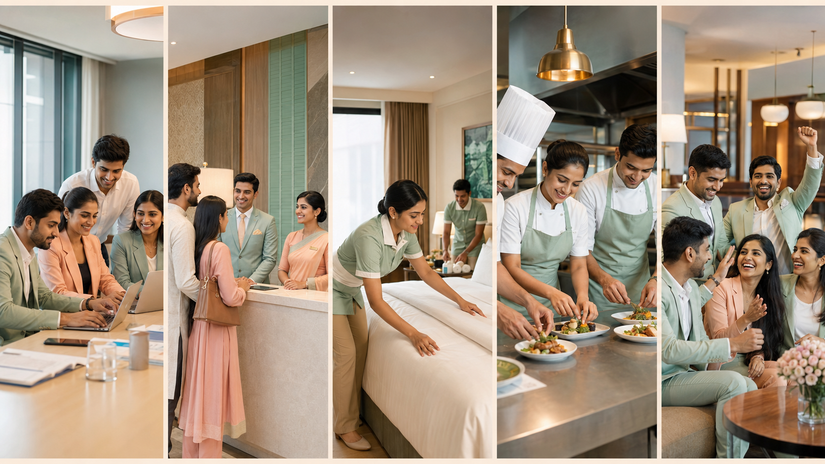 Young Indian Neu colleagues collaborating across hospitality roles